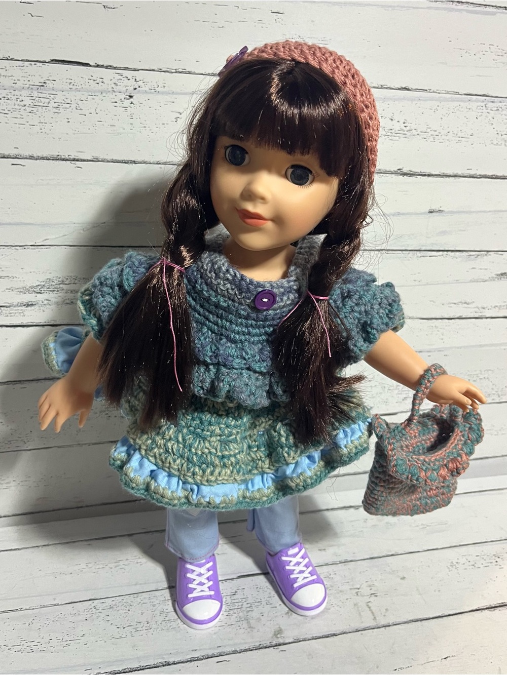 Handmade 3-Piece Crochet Doll Outfit Set Dress Hat & Matching Bag Fits 18" Doll